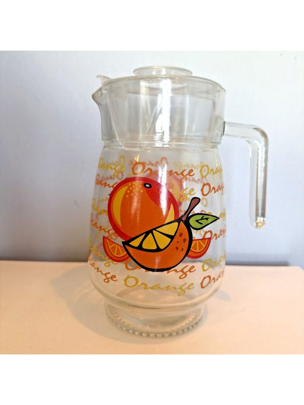 Vintage Glass Juice Pitcher with Oranges, and Leaves Design Lidded Retro Clear